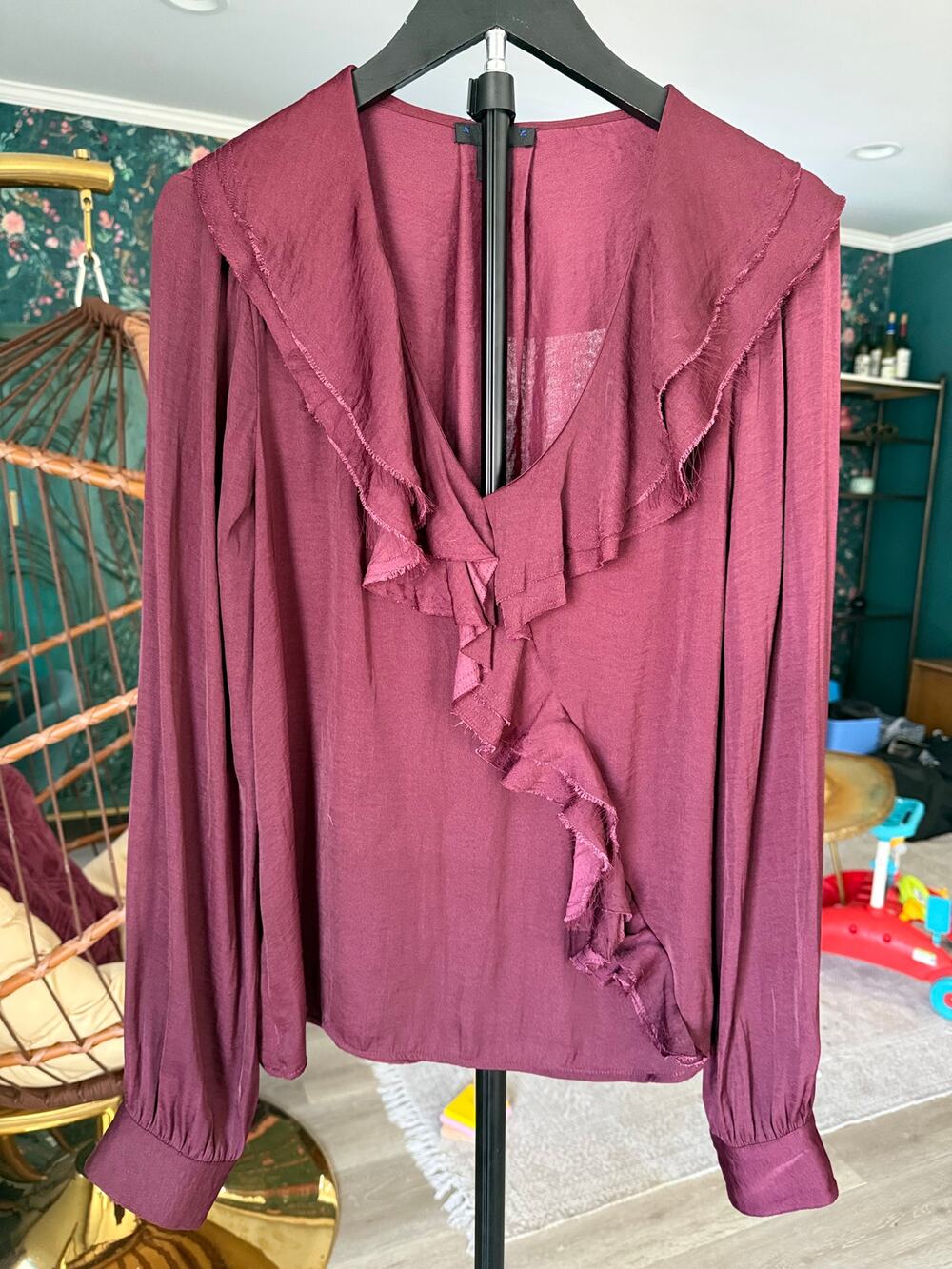 PAIGE Ruffle Blouse Medium Burgundy Romantic Boho Deep V Long Sleeve - Picture 1 of 5
